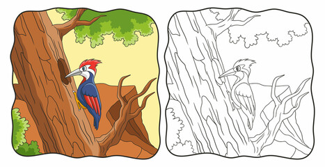 cartoon illustration woodpecker pecks a big tree trunk book or page for kids