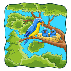 cartoon illustration Birds bring food and perch on trees