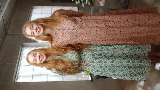 Two young sisters twin posing and look into the camera in beautiful dresses at home in the living room