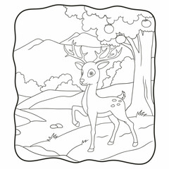 cartoon illustration deer walking in the forest book or page for kids black and white