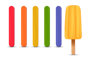 Set of realistic popsicle sticks. Banana ice cream 3D. Vector illustration, summer season.