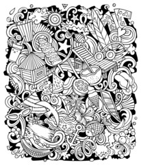 Summer beach cartoon vector doodles illustration.