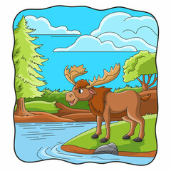 cartoon illustration big deer on the river bank