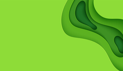 Fototapeta premium Abstract green background in paper cut style. 3d layout wallpaper cut out from cardboard. Modern template with abstract curve shapes. Vector environmental card with papercut waves for business poster.