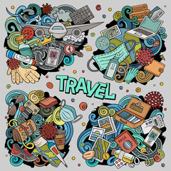 Travel cartoon vector doodle designs set.
