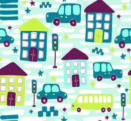  Cute kids vector seamless pattern with hand drawn cars, buses in the city with houses. Various transport for printing on textiles and paper. Illustration for boys about travel and traffic on the road