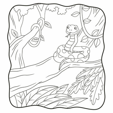cartoon illustration the snake is on the tree book or page for kids black and white