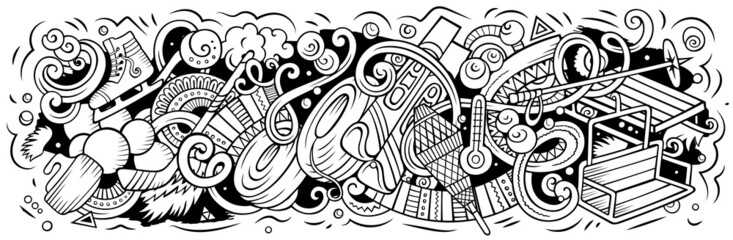 Ski Resort hand drawn cartoon doodles illustration.