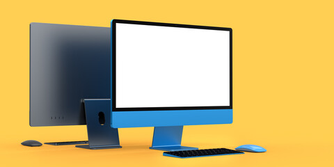 Desktop computer display with keyboard and mouse isolated on yellow background