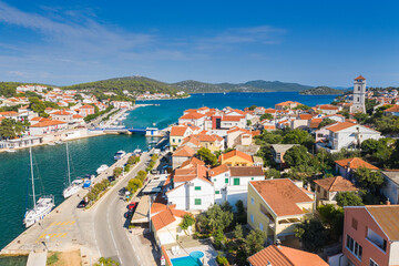 Town of Tisno on the island of Murter, Dalmatia, Croatia, aerial panoramic view