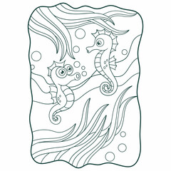 cartoon illustration two seahorses swimming and playing with their mouths in the sea book or page for kids black and white