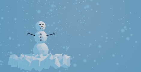 3D Illustration of a snowman with snow on a blue cold background