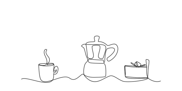 Coffee cup geyser coffee maker and a cake line art. Digital vector illustration for coffee point shop.