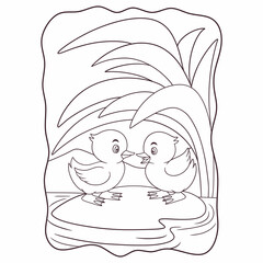cartoon illustration Two ducks are on a rock in the middle of the river book or page for kids black and white