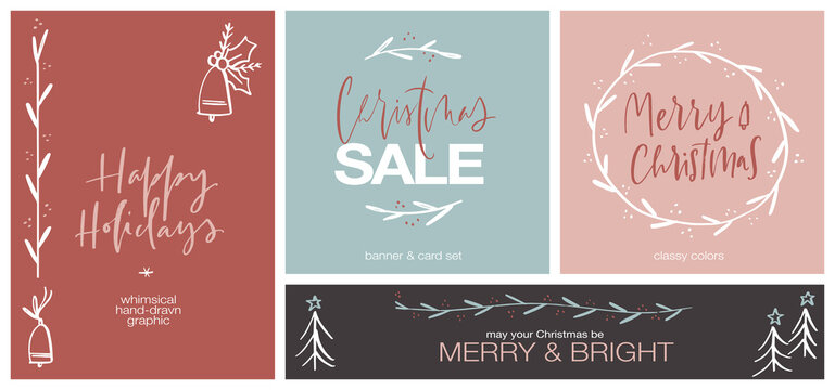 Christmas banner and card set with copy space, Whimsical holiday clipart images and text for winter sale shop decorations in soft classy colors.