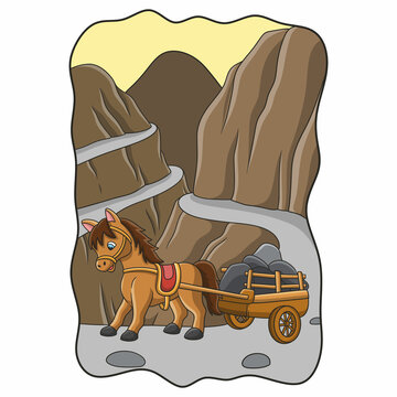 cartoon illustration a horse carrying a cart filled with stones through the road near the ravine
