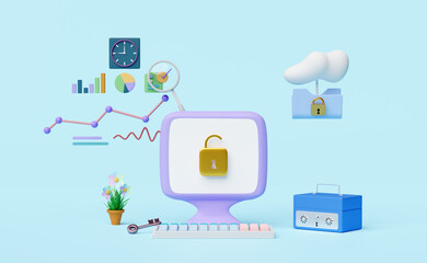 computer with charts graph,analysis business financial data,unlock,lock,cloud folder,safe box isolated on blue background.Online marketing,business strategy concept,3d illustration,3d render