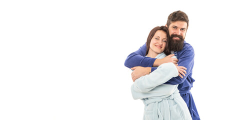 Family couple in robes of happy man hugging woman in morning isolated on white copy space, romance