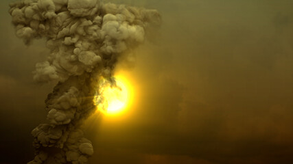 column of pollution smoke from forest fire on dirty sky with sun - industrial 3D rendering