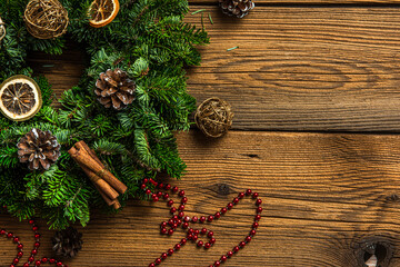 Festive Christmas Decoration. Spruce Tree Wreath or Garland