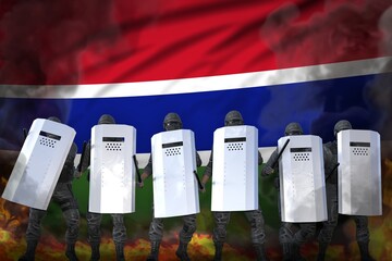 Gambia police special forces protecting order against revolt - protest stopping concept, military 3D Illustration on flag background