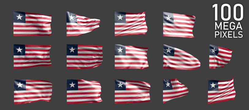 Liberia flag isolated - various pictures of the waving flag on grey background - object 3D illustration