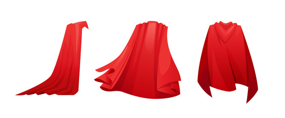 Superpower cloak waving in wind, hero accessory isolated red cartoon capes set. Vector superhero satin cloth, magic covers. Mantle costume, magic flowing and flying carnival Halloween vampire clothes