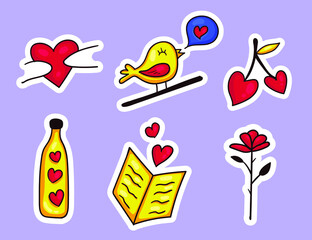 Colorful hand drawn valentine stickers collection