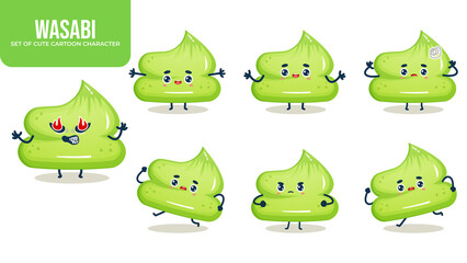 Set of cute wasabi cartoon character with different poses Premium Vector