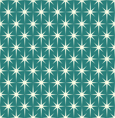 Mid-century modern star burst seamless pattern background in teal and off-white, repeatable. Related to the Googie or Atomic Age of American design.