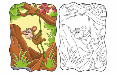 Obraz na płótnie Canvas cartoon illustration monkey hanging from a tree root book or page for kids