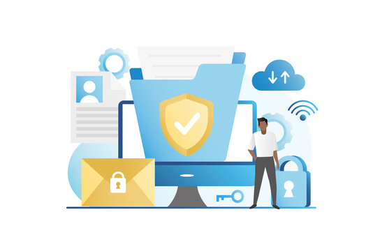 Successful man stands with computer, messages, documents, personal data, information protected on Internet by large shield, padlock, key. Data protection in folders, files, settings. Online safety.