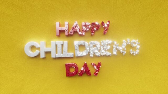 Happy Children's Day text inscription, cheerful fun childhood holiday concept, funny kids decorative animated lettering, 3d render of festive greeting card motion background