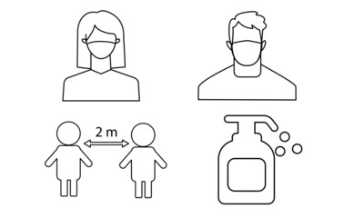 Iconic images of wearing a mask, washing hands, distance. Infographics. Coronavirus protection concept, Covid 19.
