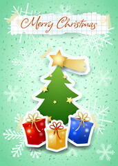 Christmas background with tree, gift and calligraphic text. Vector illustration eps10