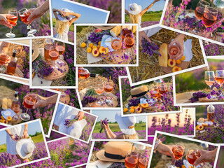 Picnic in lavender with wine collage. Selective focus.