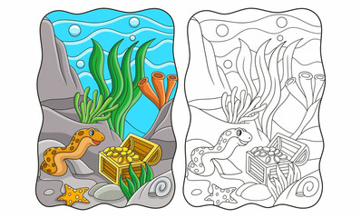 Naklejka premium cartoon illustration sea eels guard the treasure filled with gold in the sea book or page for kids