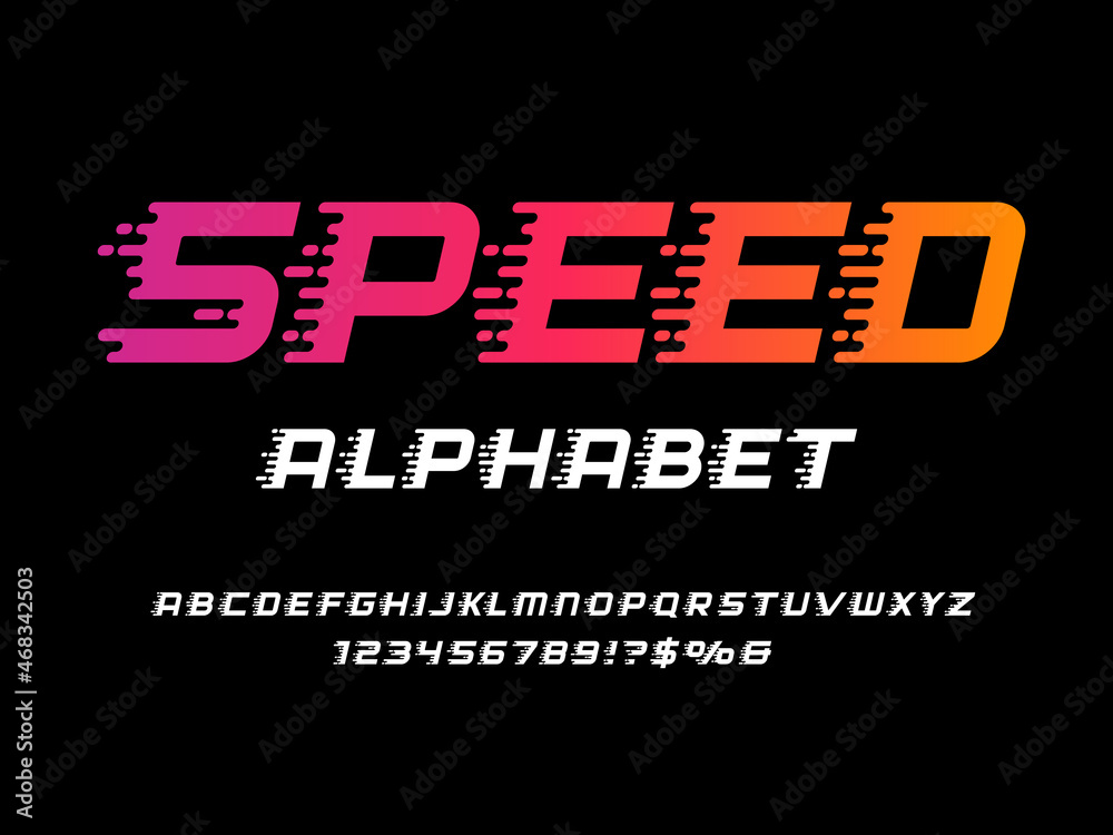Fototapete speed style alphabet design with uppercase, numbers and symbol
