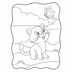 cartoon illustration cat playing with butterfly in the forest book or page for kids black and white