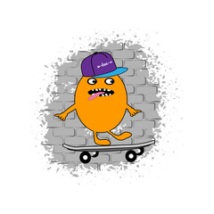 vector illustration with cheerful monster in a cap on skateboard.