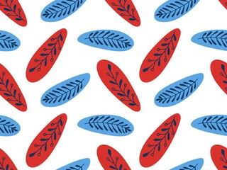 Blue red natural pattern. Seamless pattern with branches sketch on color spot. Vector repeated background. Floral design for paper, cover, fabric, interior decor, wallpaper, wrapping, scrapbooking.