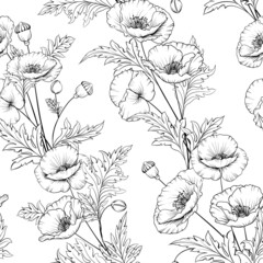 Seamless pattern from flowers of poppies on a white background.