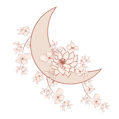 Beautiful romantic crescent moon with rose or peony flowers and leaves.
