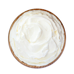 Bowl of tasty cream cheese isolated on white, top view