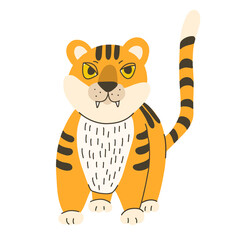 Funny little tiger hand drawn flat illustration isolated on white background. Great for kids design. Orange and dark brown colors.