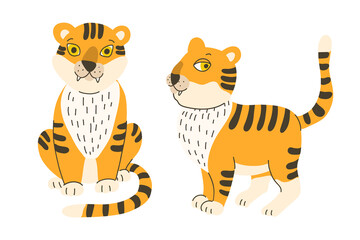 Tigers hand drawn flat illustration isolated on white background. Great for kids design. Orange and dark brown colors.