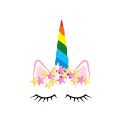 Fabulous cute unicorn with golden gilded horn and closed eyes with Flowers and Eyelashes