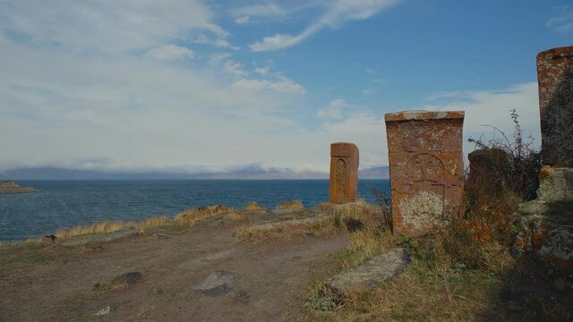 Ancient Carved Stones Khachkars on the Coast of Sevan Lake in Armenia