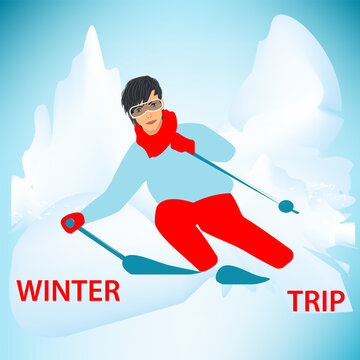 Skier descends from the mountains - vector. Winter trip. Design Concept.
