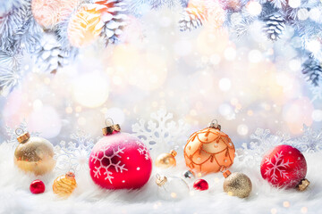 Naklejka na ściany i meble Christmas Balls On White - Ornaments In Abstract Defocused Background
